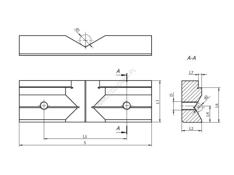 Rysunek techniczny: Szczęka do imadła pryzmowa WSP 200 mm do typu: 6517,6518 (wzdłużna, mniejszy otwór) - BISON-BIAL
